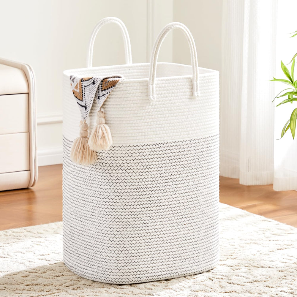 Artfeel laundry basket with woven cotton rope for stylish laundry storage.