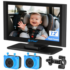 Artman baby car camera with dual feeds on a 7.2 inch display for clear travel monitoring.