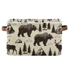 Aslsiy storage basket with vintage deer print viewed from the front, ideal for nursery organization.