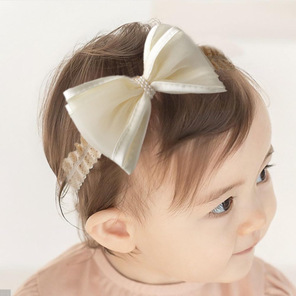 Asphinien lace bow headband in ivory, ideal for christenings and special occasions