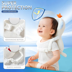 Astronaut head protector with adjustable shoulders fits babies comfortably as they grow.
