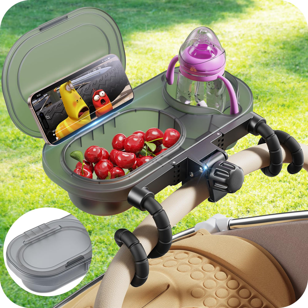 Atisek 3-in-1 stroller snack tray with dust cover keeps snacks clean on outings.