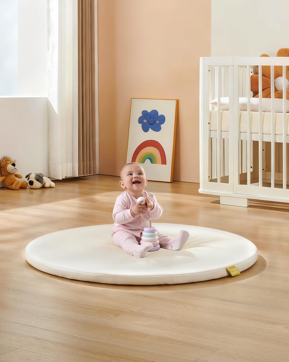 Attababy 39-inch round baby mat top view provides safe play space.