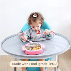 Attached sleeve bib from Baby bib Food Catcher Bib and Tray Set protects clothing.