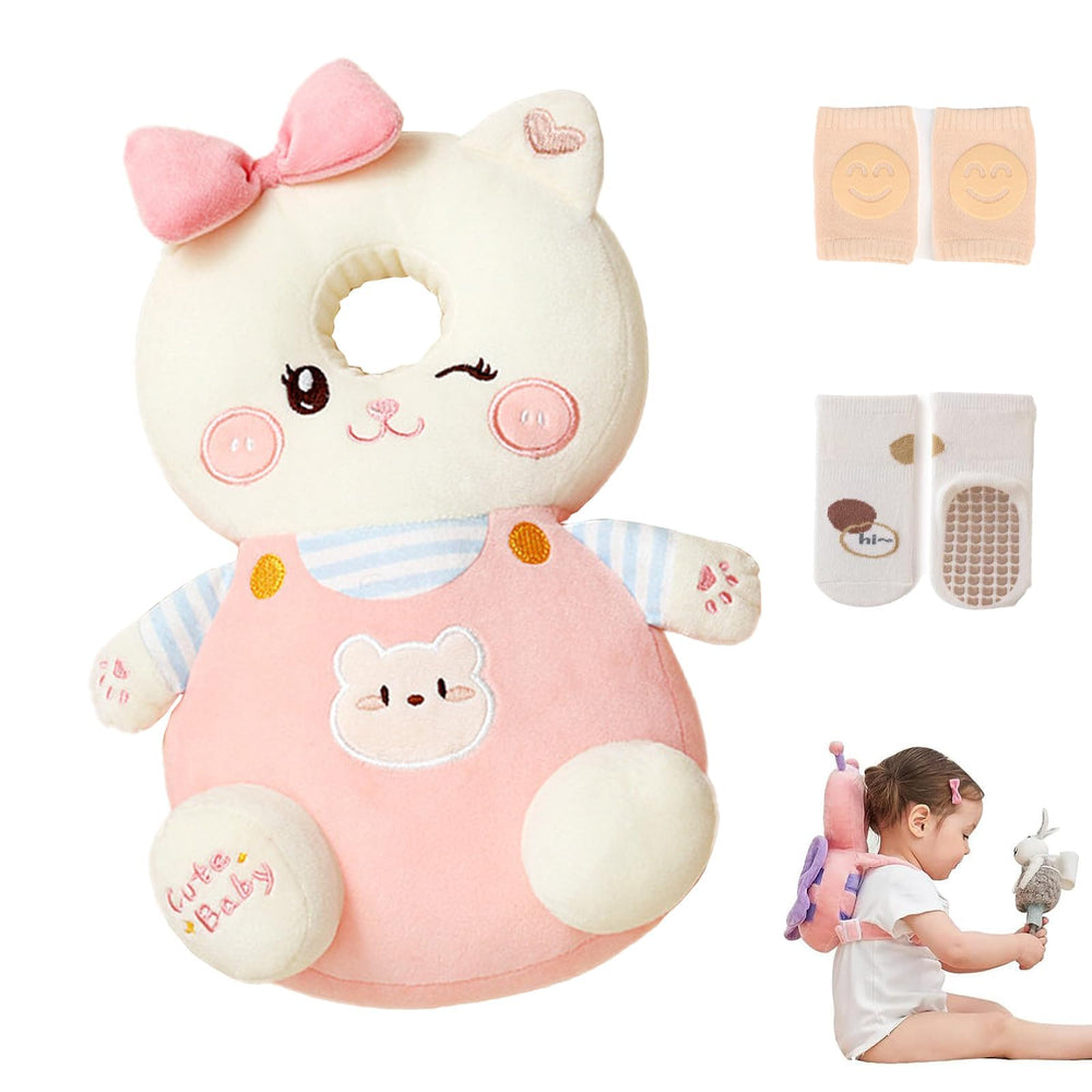 AUKOUPCIL baby head protector backpack front view with cat design showing plush material
