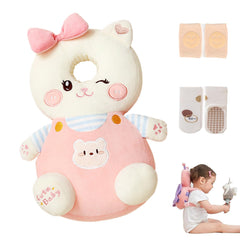 AUKOUPCIL baby head protector backpack front view with cat design showing plush material