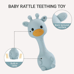 AULEGE giraffe teether with textured ears for gum massage during soothing teething sessions.