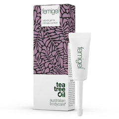 Australian Bodycare Femigel 5x5ml packaging shows the natural tea tree oil formula.
