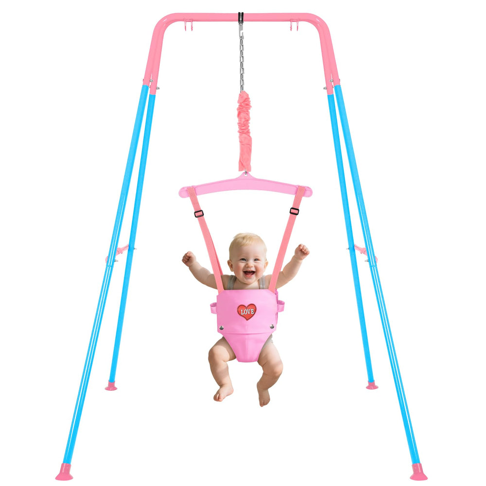 Autokakum baby jumper stand bluepink shown for safe indoor play with a sturdy triangle frame.