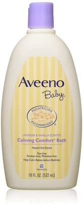 Aveeno Baby Calming Comfort Bath bottle with soothing lavender and vanilla scent for gentle cleansing.