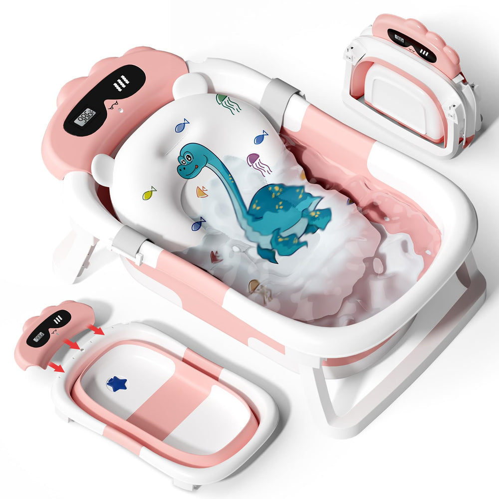 AVIDOR baby bathtub collapsible with dinosaur pink for space-saving storage
