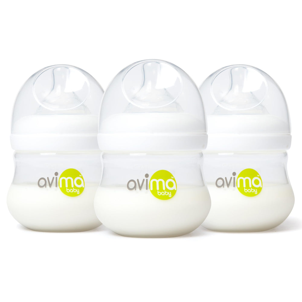Avima Baby anti-colic 4 oz bottle with Duo-Flo nipples for steady feeding.