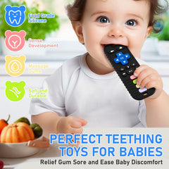 Avkast remote-shaped teether back view with grooves for grip
