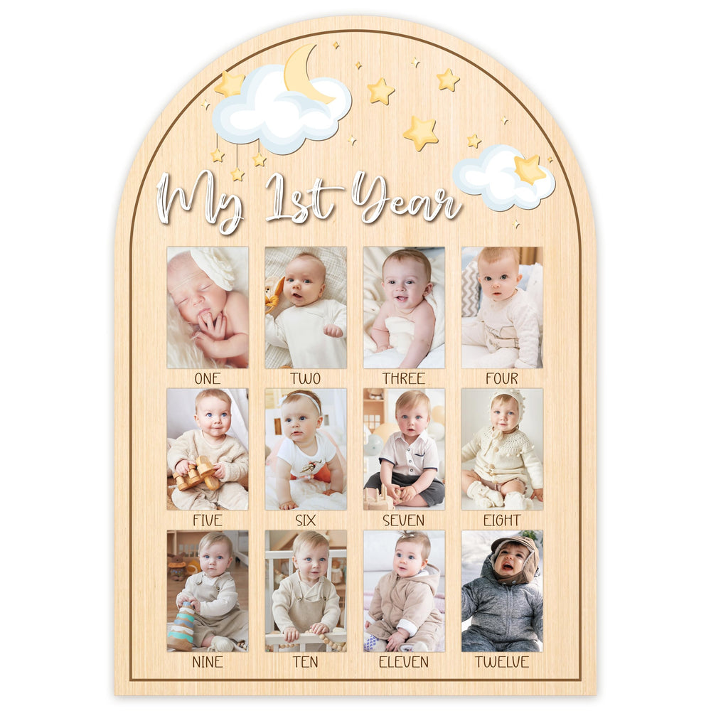 AWDSTN first-year photo board milestone display for baby growth memories.