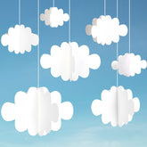 Ayfjovs 3D cloud decorations hanging from ceiling to create a whimsical party backdrop.