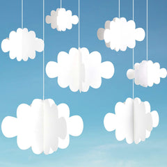 Ayfjovs 3D cloud decorations hanging from ceiling to create a whimsical party backdrop.
