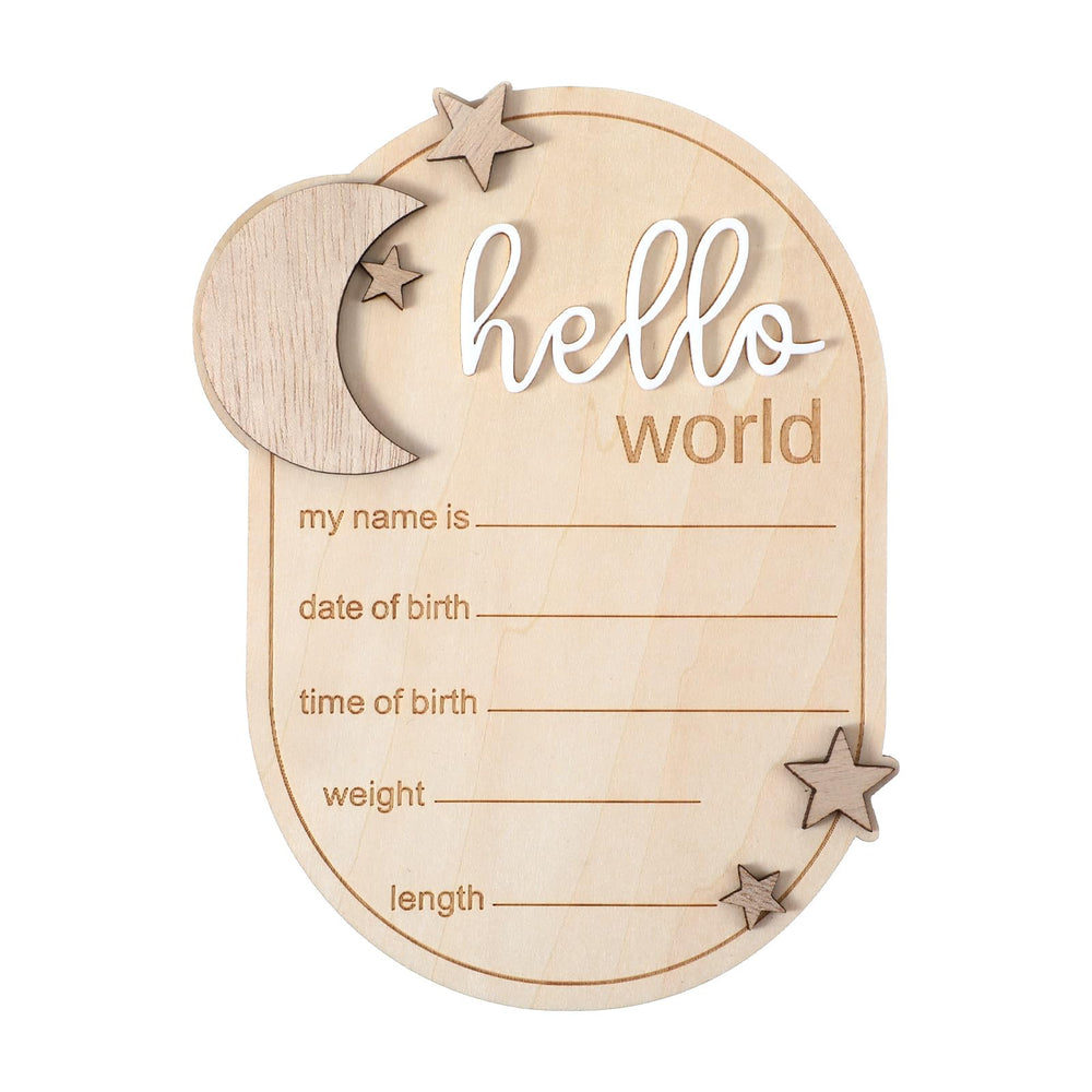 Azefnuhk birth announcement sign with hello and moon stars for nursery decor.