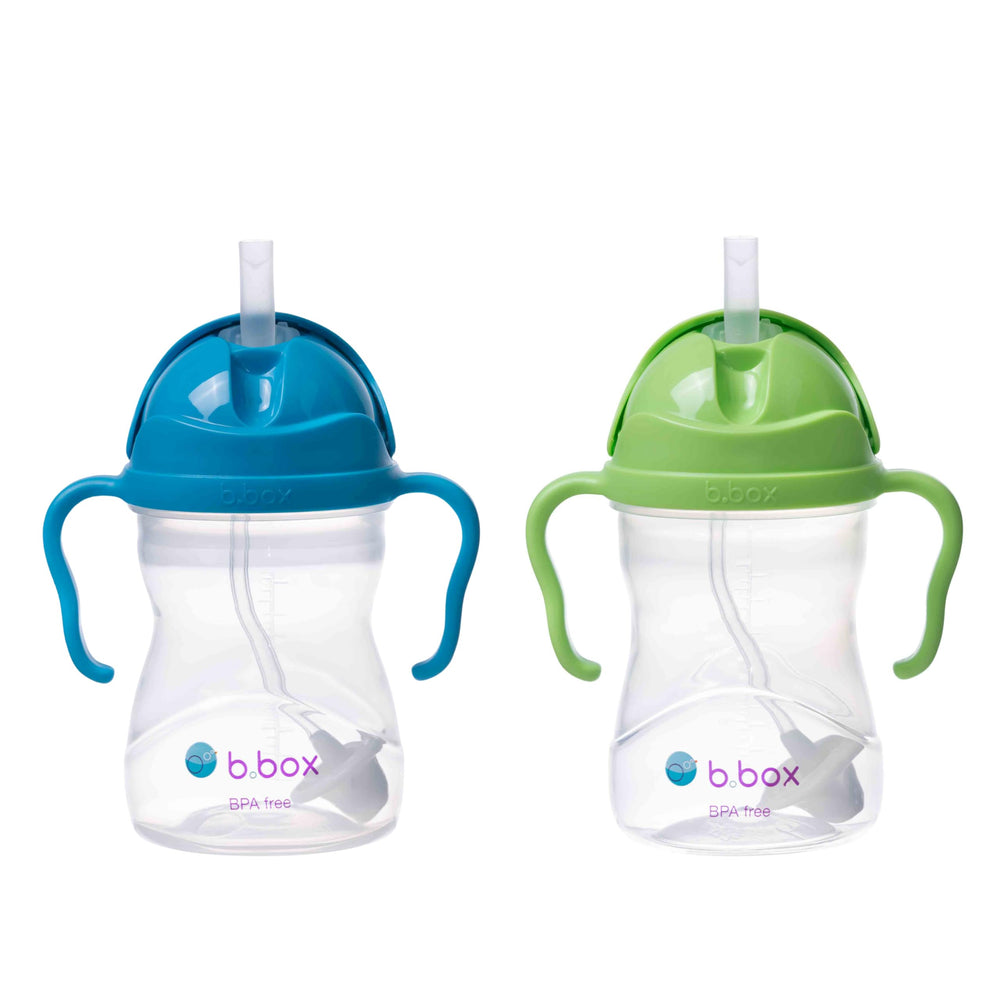 b.box Sippy Cup with Weighted Straw enables liquid access at any angle for babies.