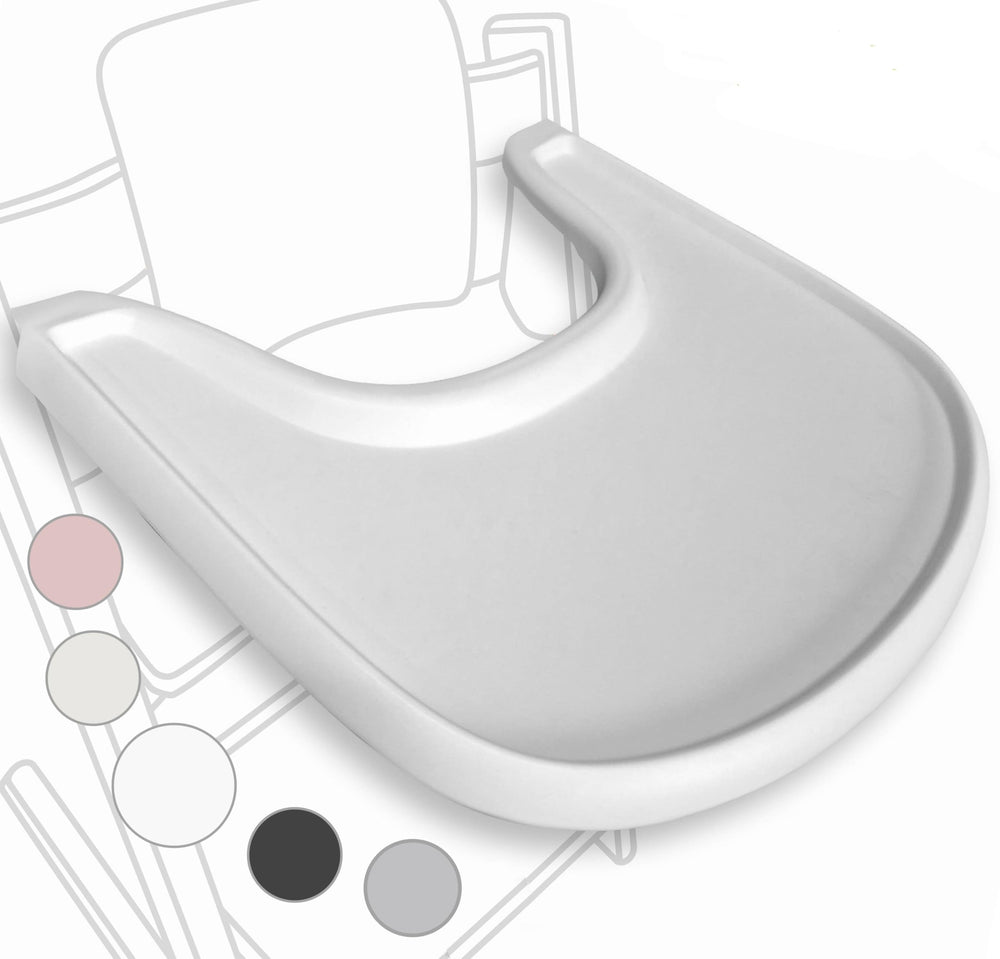 Babarta high chair tray in matte white with Stokke Tripp Trapp V2; easy to install.