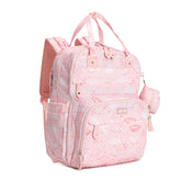 BabbleRoo diaper backpack pink birdy front view showing compact design and storage potential