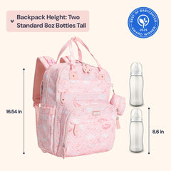 BabbleRoo pink birdy backpack with open compartments for easy access