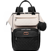 BabbleRoo diaper bag backpack in apricot and black with spacious main compartments.