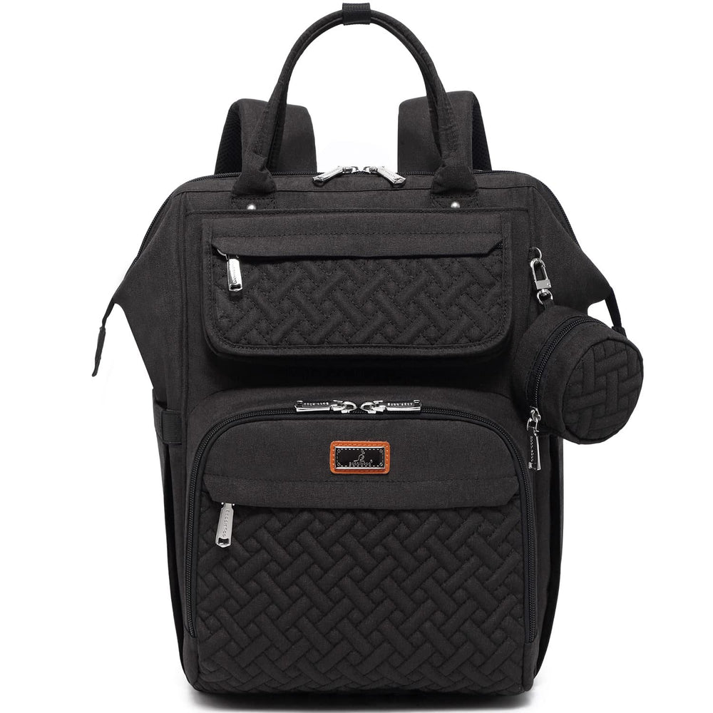 BabbleRoo diaper bag backpack front view with spacious pockets for organized outings.