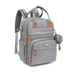 BabbleRoo diaper bag backpack front view shows organized pockets for easy on-the-go use.