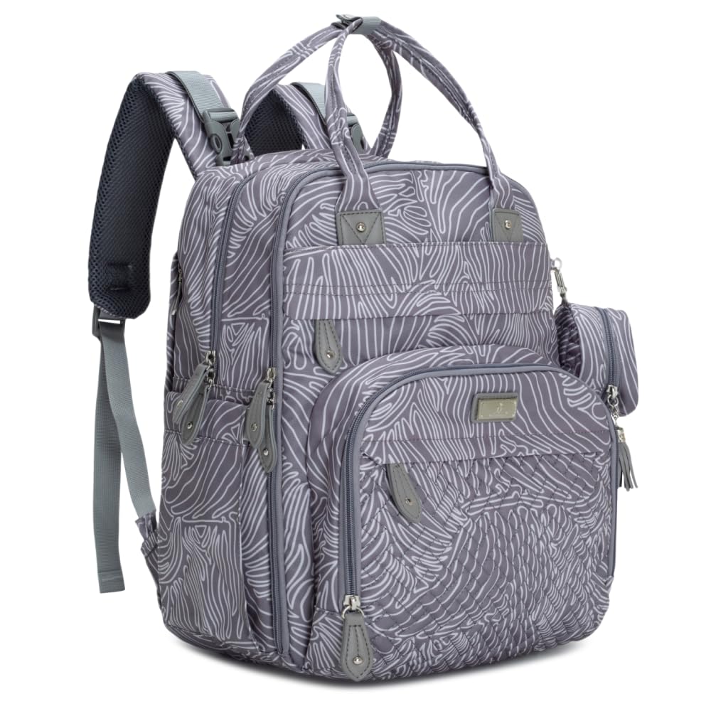 BabbleRoo diaper bag backpack in grey swirls, front view for hands-free use