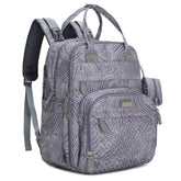 BabbleRoo diaper bag backpack in grey swirls, front view for hands-free use