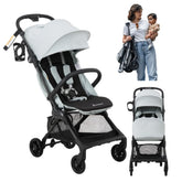 BabbleRoo Hoplite compact stroller beside suitcase, ideal for overhead-bin travel.