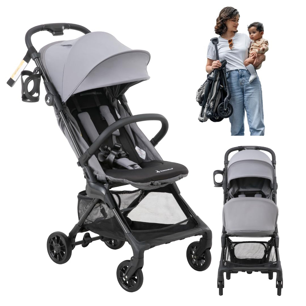 BabbleRoo Hoplite folds instantly for compact travel and overhead-bin storage.