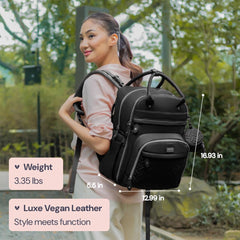 BabbleRoo leather diaper bag backpack back view showing organized interior.