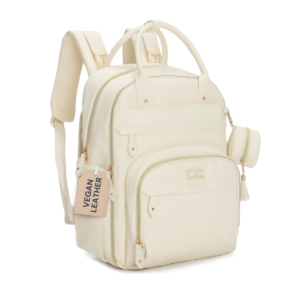 BabbleRoo leather diaper bag backpack in eggshell white, durable exterior for daily use.