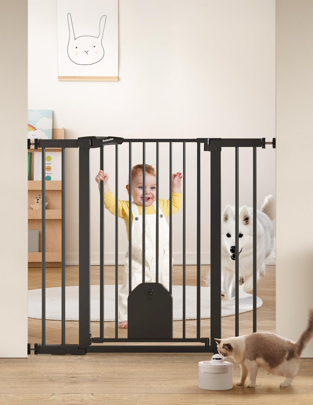 BABELIO 36-inch tall gate with cat door secures stairs and doorways for families with pets.