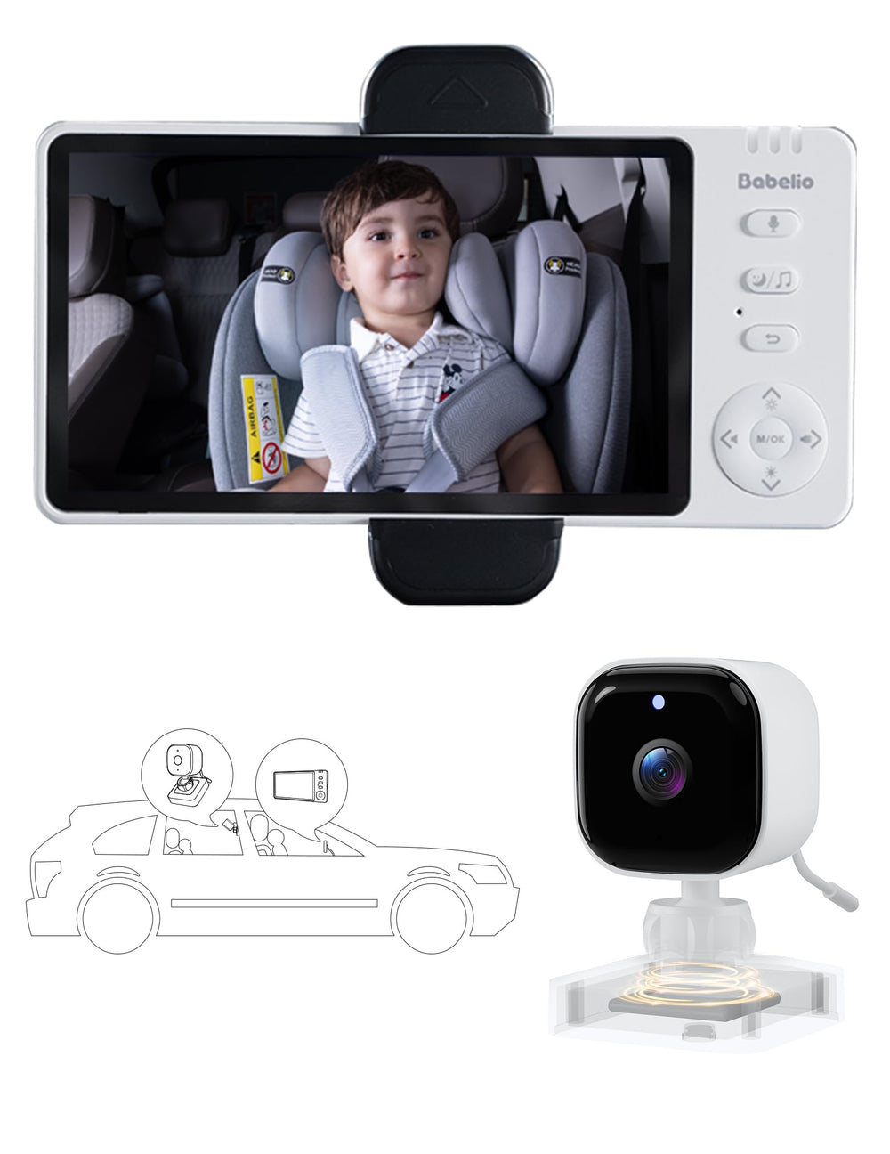BABELIO wireless baby car camera night vision 5-inch display for safe day and night monitoring.