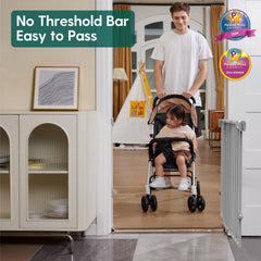 BABELIO baby gate in walk-through setup, no threshold for easy stroller passage.