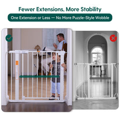 BABELIO baby gate auto-closes from under 90° for hands-free access.