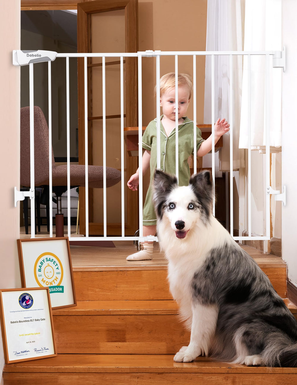 BABELIO baby gate on stairs with hardware mount creates a secure top-stair barrier.