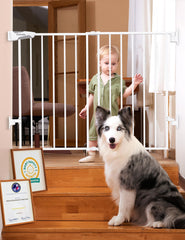 BABELIO baby gate on stairs with hardware mount creates a secure top-stair barrier.