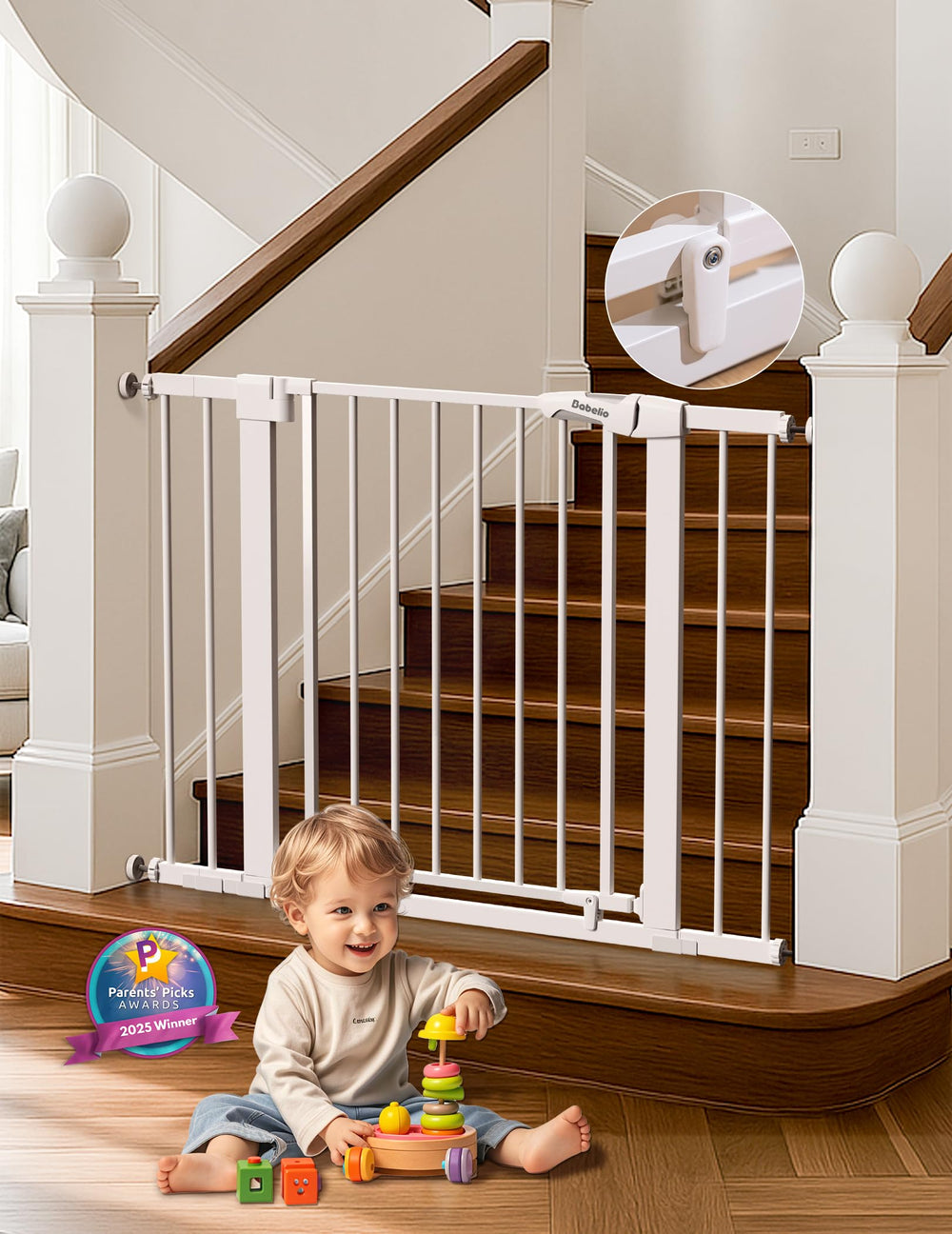 BABELIO baby gate on stairs showing easy magnetic closure for one-handed use