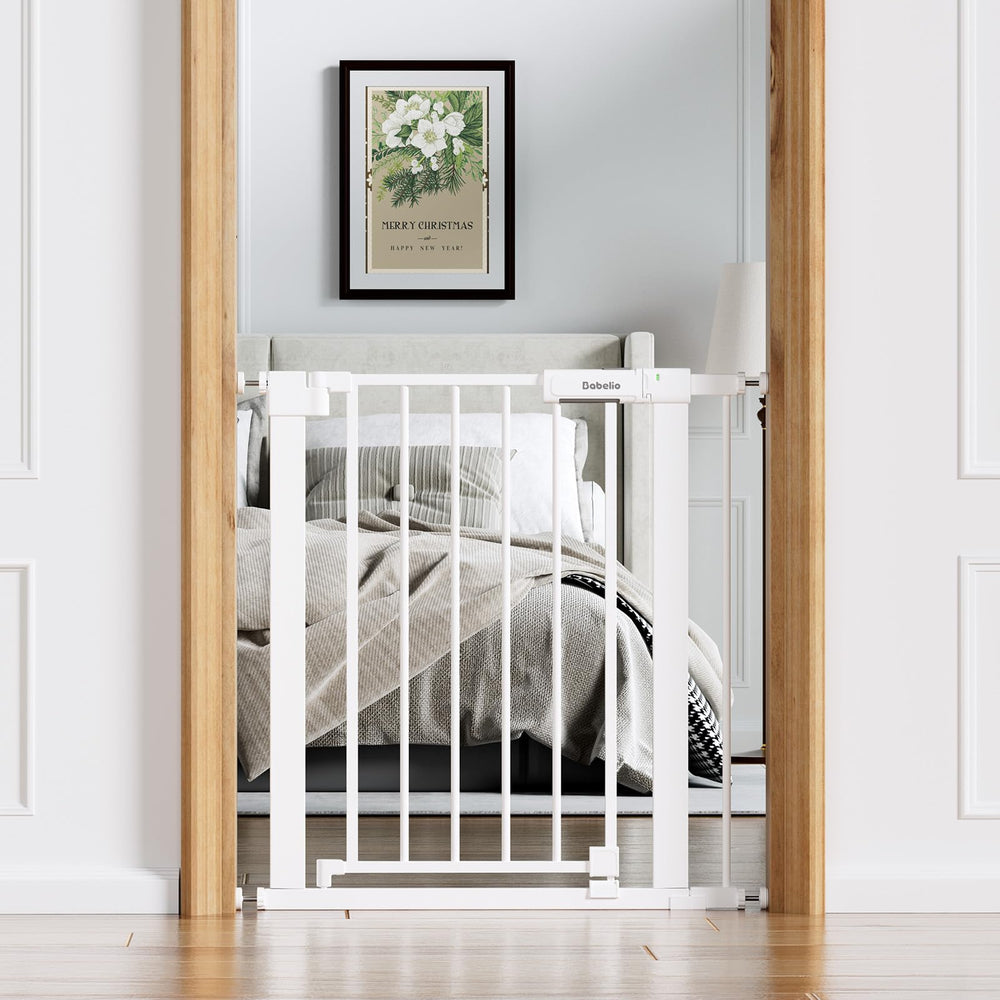 BABELIO Baby Gate with walk-through door for easy access while carrying a child.