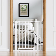 BABELIO Baby Gate with walk-through door for easy access while carrying a child.