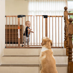 Babelio Metal Auto Close Gate front view showing wide opening fit and brown wood pattern