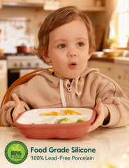 BABELIO porcelain toddler plate with divided design keeps foods separated for easier scooping.