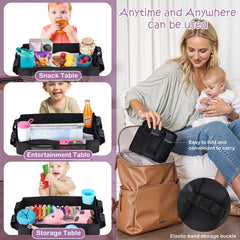 Babenest snack tray has a deep cup holder to secure bottles.