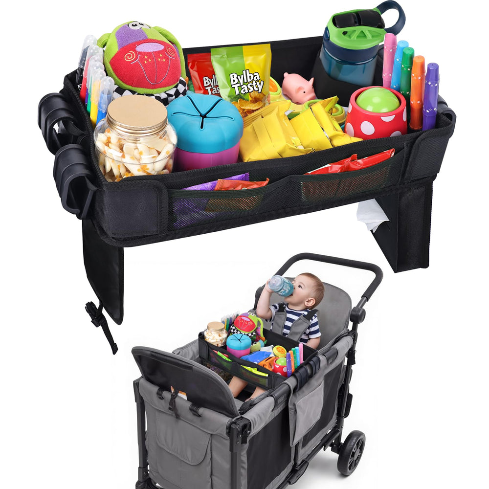 Babenest snack tray attached to Wonderfold wagon provides a stable surface.