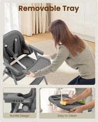 Babilous high chair folded storage highlights space-saving design for small spaces.