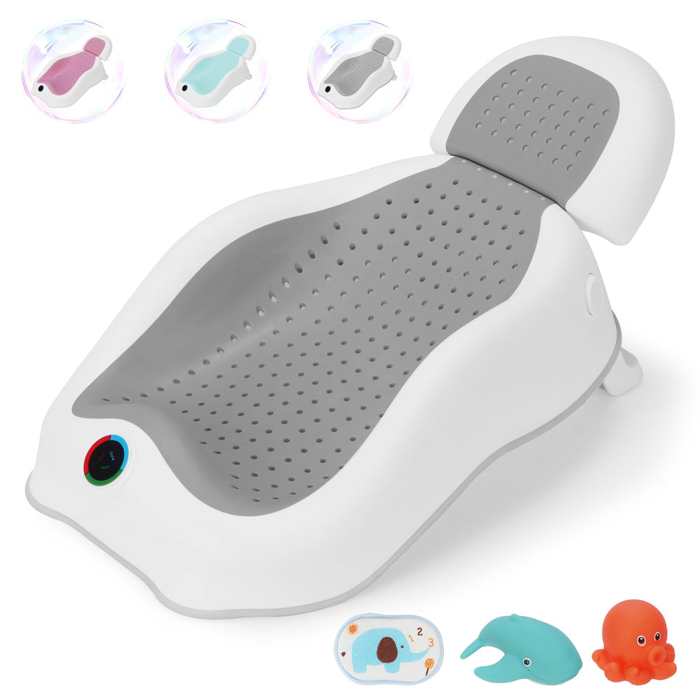 Babove Baby Bath Support with thermometer indicating safe water temperature.