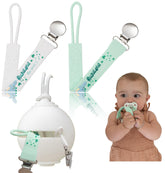 Baby Amy pacifier holder clip in white and green keeps pacifiers secure and clean.